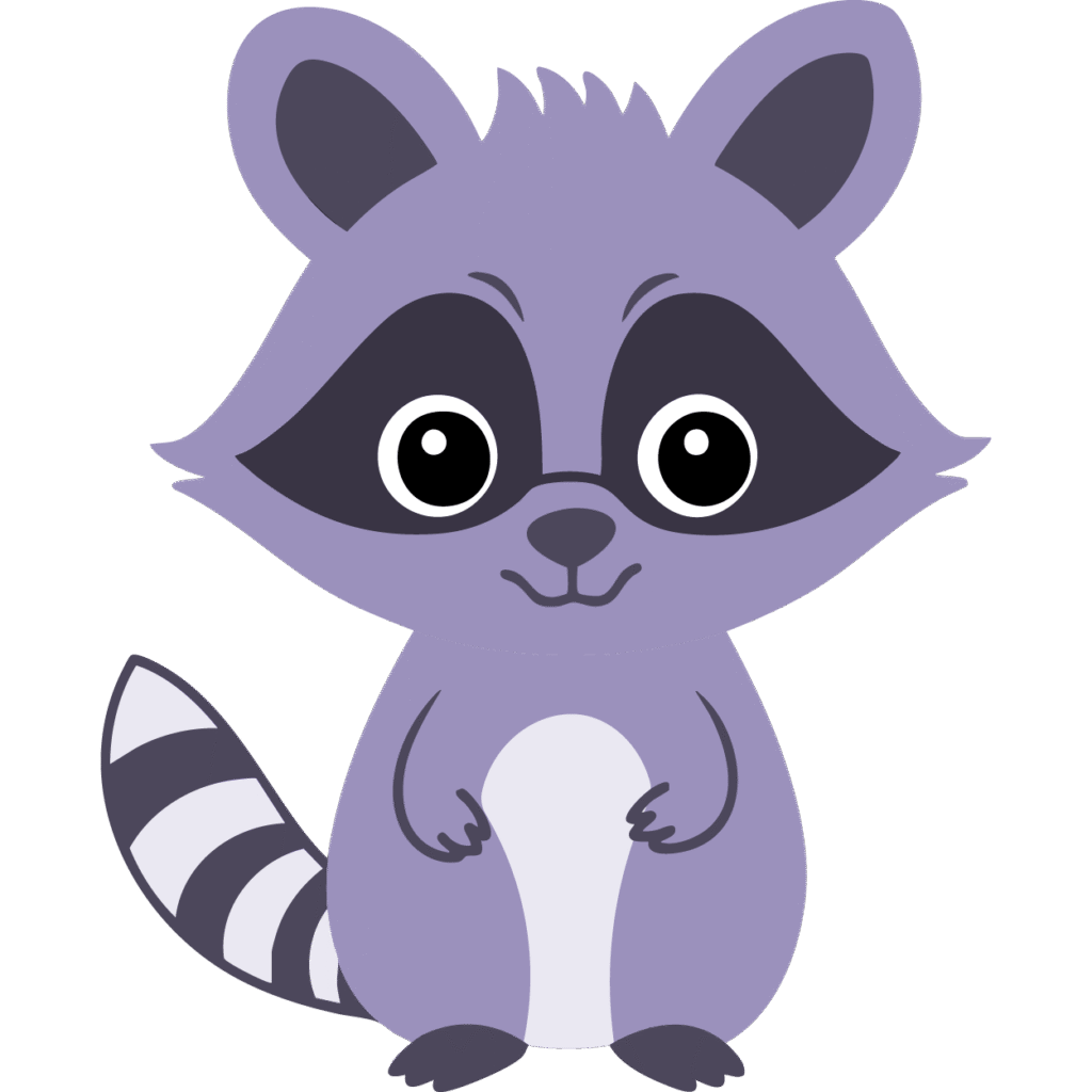 Mapache morado que representa el nivel para niños de 3 a 4 años en Pasamanos.